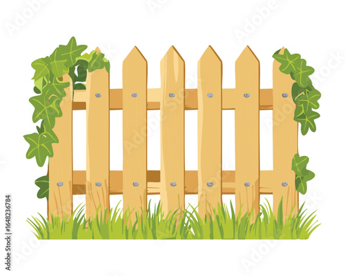 Old Wooden Picket Fence With Vines And Fresh Green Grass