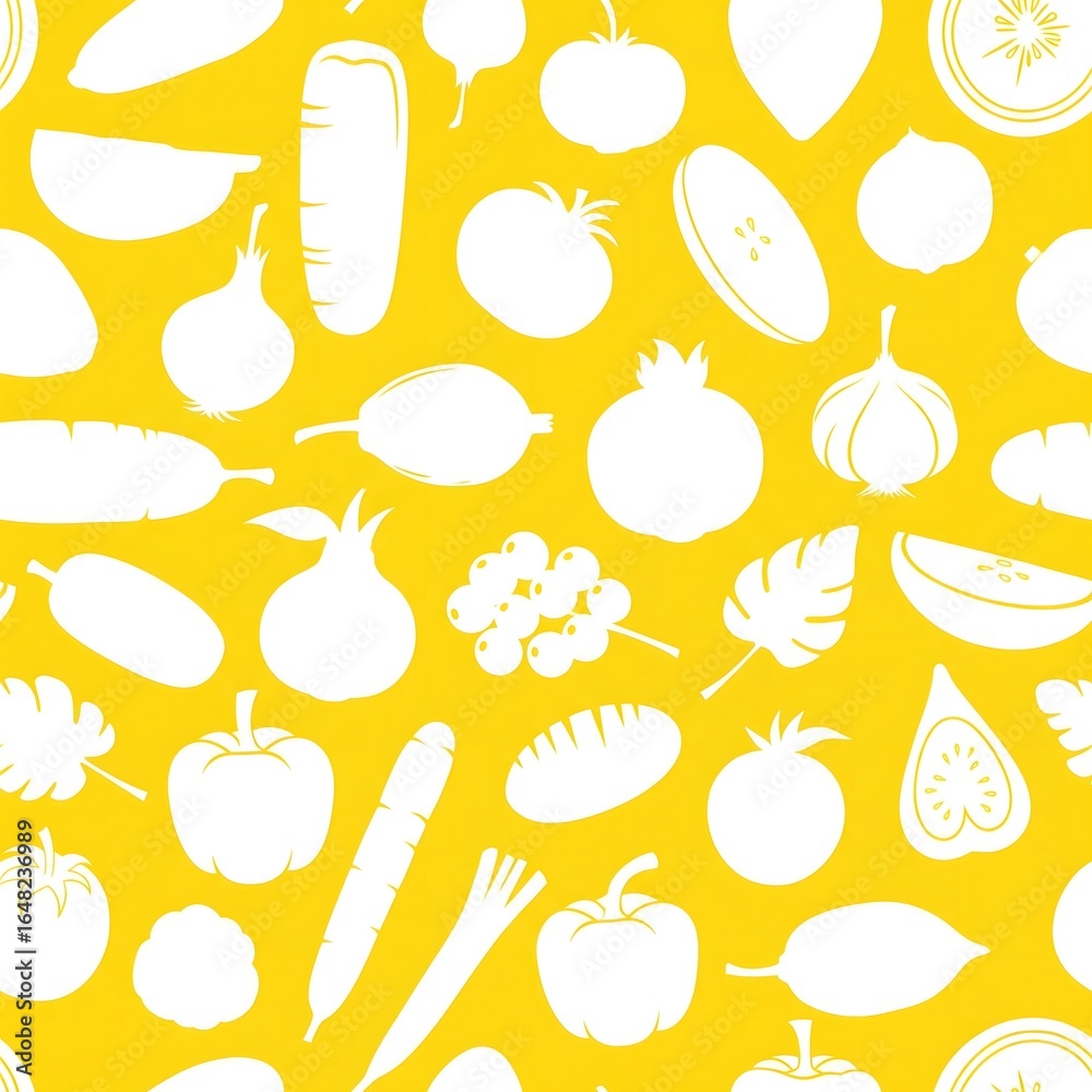 White vegetables and fruits seamless pattern background on yellow, healthy organic food design, abstract vegetarian diet wallpaper, vector illustration for web and print White vegetables and fruits seamless pattern background on yellow, healthy organic food design, abstract vegetarian diet wallpaper, vector illustration for web and print