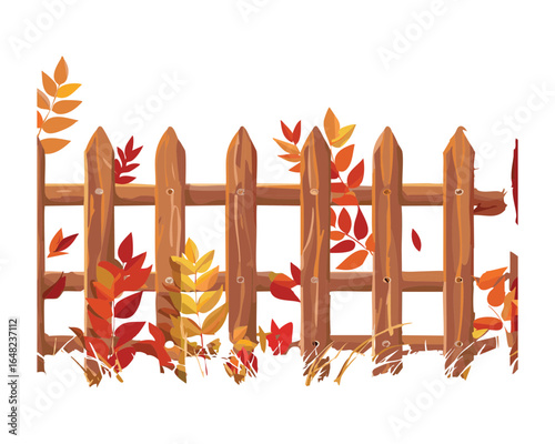 An illustration of a rustic picket fence with beautiful autumn foliage and grass