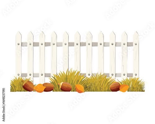 White Picket Fence with Dry Grass And Fallen Acorns on it
