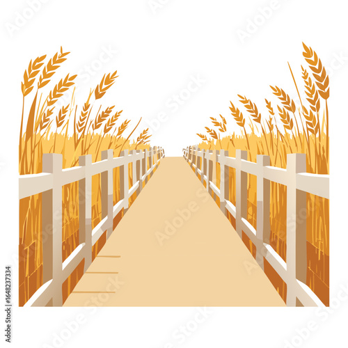 A vector illustration of a long rural road with a white picket fence and wheat fields on both sides.