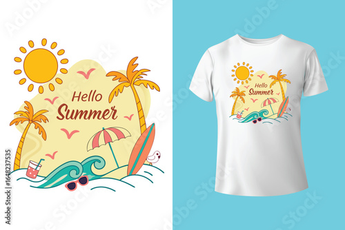 Colorful summer t-shirts on display at a vibrant store during sunny days.	
