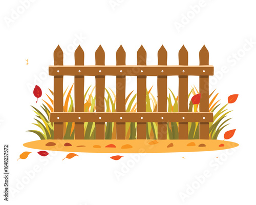 An atmospheric autumn illustration with a rustic wooden fence and vibrant fallen leaves, creating a cozy and serene seasonal landscape