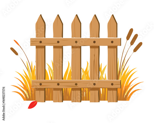 A beautiful autumn illustration featuring a wooden fence, cattails, and dried grass, capturing the essence of the fall season and a rustic landscape