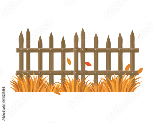 A whimsical autumn scene illustration with a rustic wooden fence and colorful fallen leaves, creating a cozy and warm seasonal feel