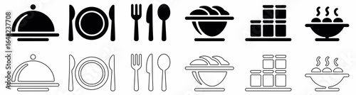 Elegant Dining Set and Delicious Food Presentation Symbols Meal Service Restaurant Food Catering, Silhouette and Outline Design