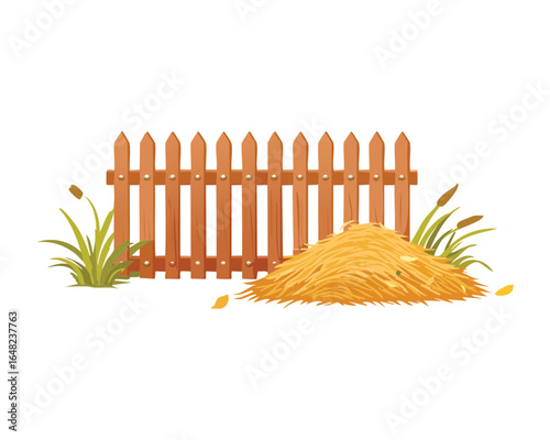  A charming and cozy autumn illustration of a brown wooden fence next to a pile of straw, perfect for a farm or harvest-themed design