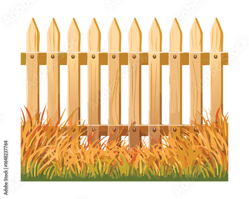 A rustic and simple illustration of a wooden post with a pointed top, decorated with colorful autumn leaves and surrounded by dry grass