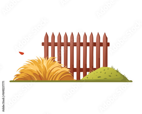 A lovely and detailed illustration of a wooden fence covered in colorful autumn leaves, standing in a field of golden wheat plants