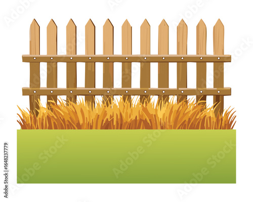 A beautiful autumn illustration featuring a rustic wooden fence with a gentle scattering of colorful fallen leaves, creating a warm and cozy feel