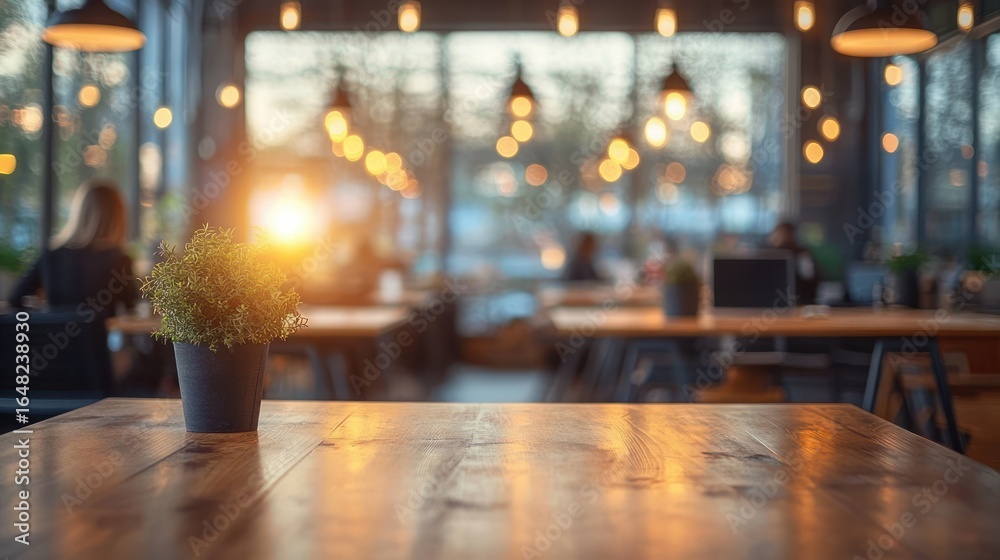 Cozy indoor cafe space with wooden tables, small potted plants, warm lighting, and blurred people in the background during sunset Cozy indoor cafe space with wooden tables, small potted plants, warm lighting, and blurred people in the background during sunset