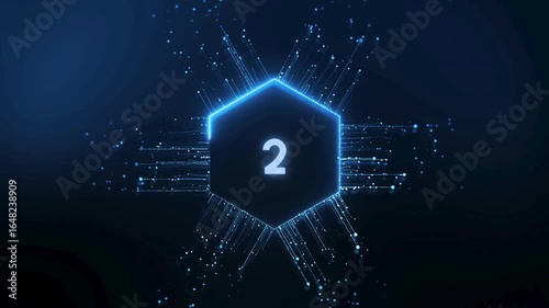 Futuristic countdown number inside a glowing hexagon with connected lines and particle effects on a dark blue technology-themed background