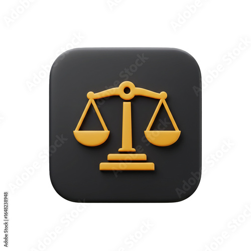 A stylized golden scale of justice icon represents fairness and legal concepts on a dark rounded square.