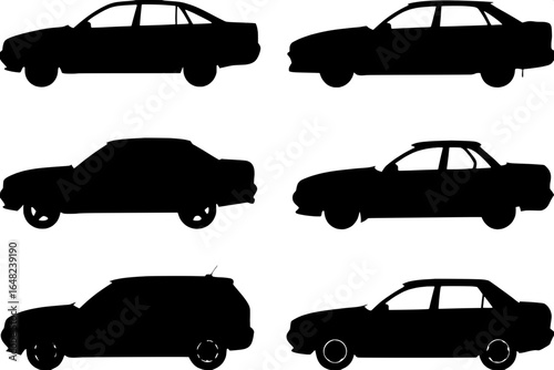 "Minimalist black silhouettes of six car types, side view, evenly arranged, clean white background, sharp outlines highlighting distinct body shapes."