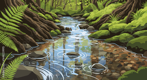 Serene forest stream with mossy rocks and ferns for nature designs and peaceful outdoor scenery