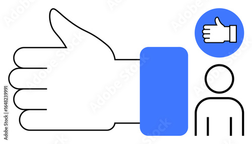 Large thumbs-up gesture beside blue thumbs-up icon and user figure outline conveys approval, feedback, or social interaction. Ideal for communication, positivity, agreement, social media, support