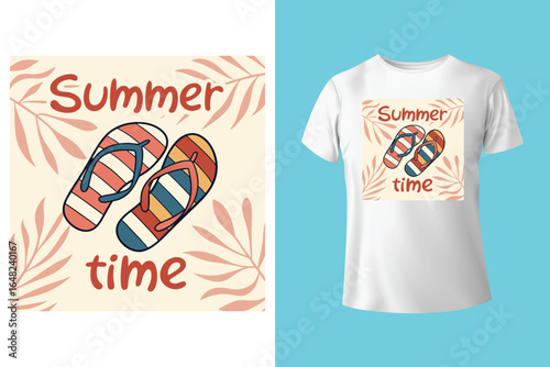 Colorful summer t-shirts on display at a vibrant store during sunny days.	