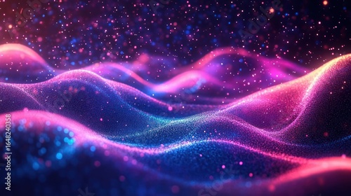 Colorful glowing particles forming smooth wave-like abstract shapes with a vibrant mix of pink, purple, and blue hues creating a futuristic and dynamic atmosphere
