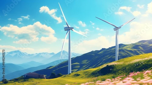 Wind Turbines on Grassy Hill: Two sleek wind turbines stand tall against a backdrop of rolling hills and a vibrant blue sky, showcasing sustainable energy sources and clean power generation. 