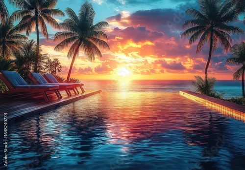 Tranquil tropical infinity pool overlooking the ocean at vibrant sunset with palm trees framing the scene and lounge chairs on the deck