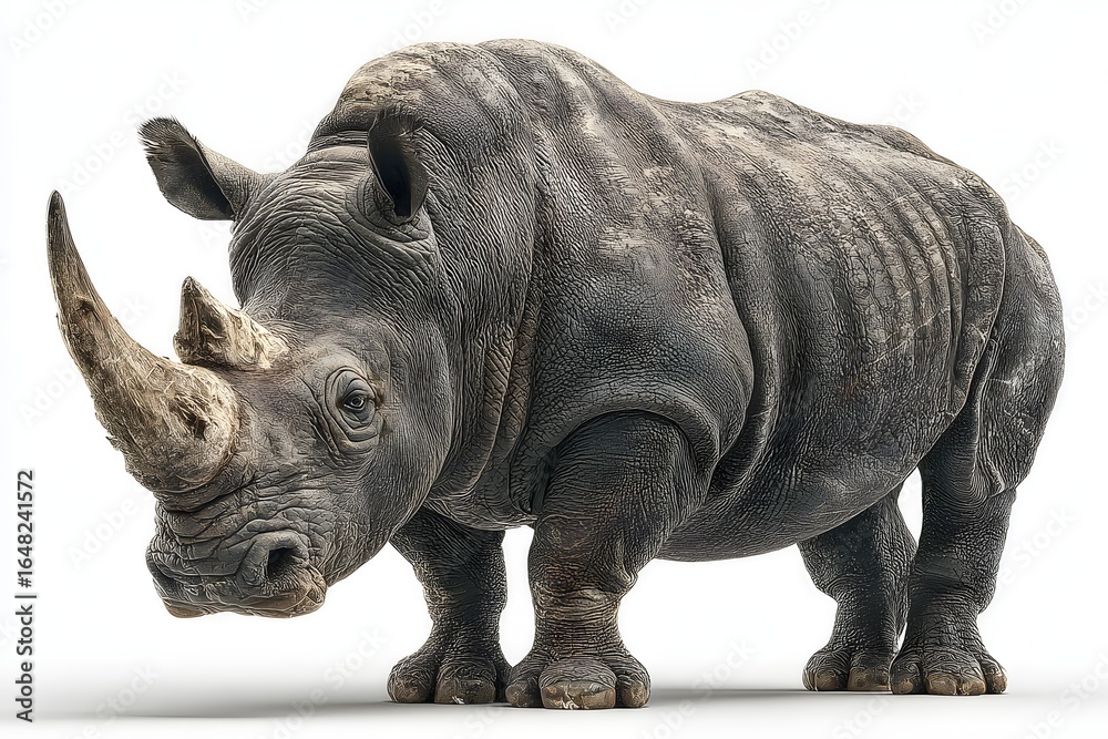 Fototapeta premium Large Gray Rhinoceros Standing in White Background