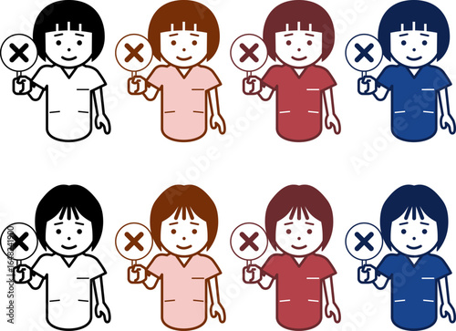 不正解の札を上げる女性看護師のアイコン。その2