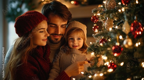 Happy family of three admiring and decorating a brightly lit Christmas tree with festive ornaments in a cozy, warm indoor setting