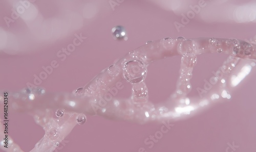 AI-generated 3D render of a transparent DNA double helix with water droplets, set against a soft pastel pink background, representing science, beauty, and biotechnology concepts.