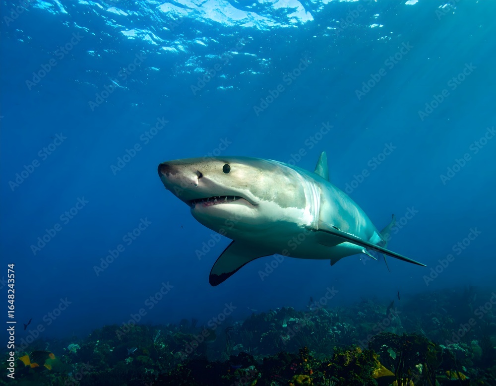 Fototapeta premium Majestic great white shark swimming in the deep blue ocean, a powerful apex predator in its natural underwater habitat