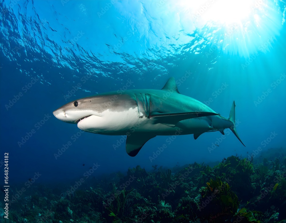 Fototapeta premium Side profile of a majestic Great White Shark swimming gracefully in the deep blue ocean with sunlight shining from the surface.