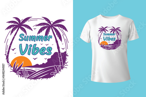 Colorful summer t-shirts on display at a vibrant store during sunny days.
