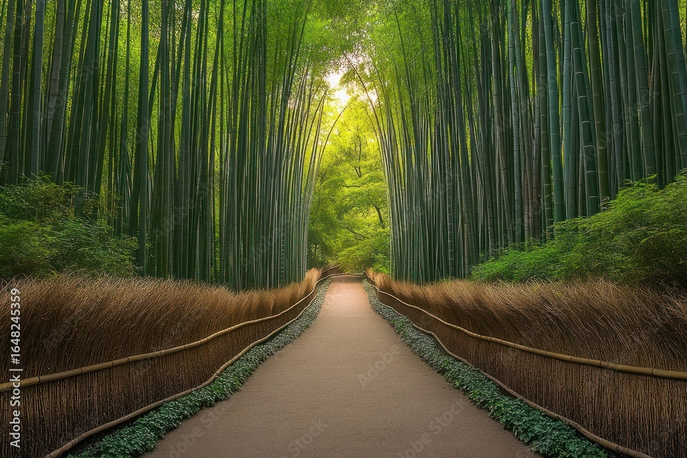 Fototapeta premium Serene pathway through tall green bamboo forest with soft sunlight filtering through the dense foliage