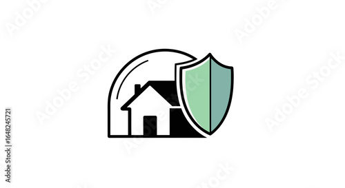 A minimalist vector symbol representing a safe shelter or protection. This geometric design of a house with a shield is a clear visual for public safety messages and hurricane preparedness.