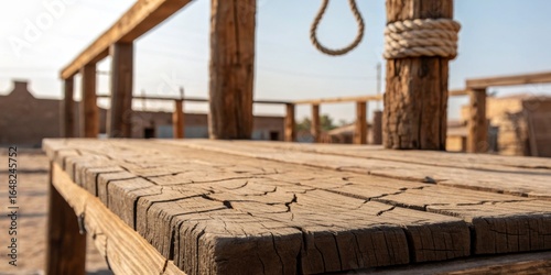 History echoes from a weathered wooden gallows in a deserted old town under the sun