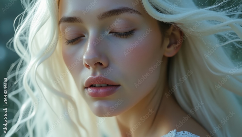 Fototapeta premium A young woman with long flowing blonde hair closes her eyes in a serene outdoor setting