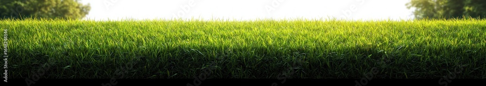 Obraz premium Close-up of lush green grass illuminated by sunlight with blurred trees in the background under a bright sky