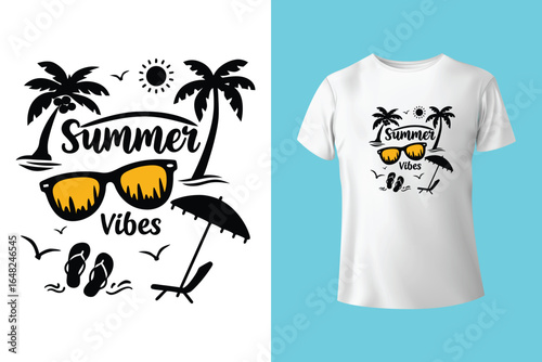 Colorful summer t-shirts on display at a vibrant store during sunny days.