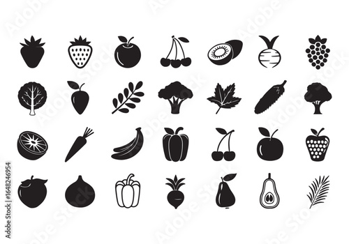 Collection of hand drawn black and white fruit and vegetable icons