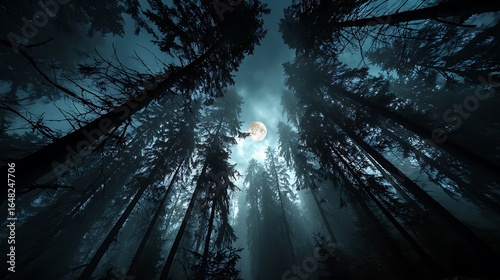 A moonlit forest canopy view with tall trees reaching towards the sky in the dark of night time