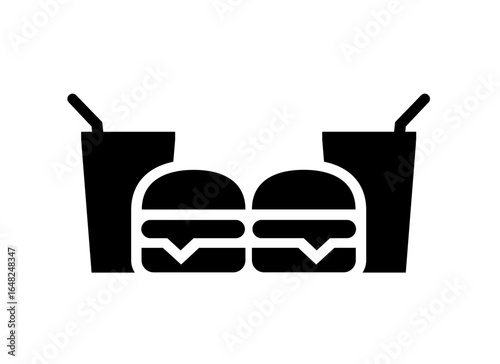 Silhouette icon of a burger and a drink cup with a straw, symbolizing fast food, snacks, and beverages. Minimalist vector style, perfect for restaurant menus, food delivery apps, cafe branding.