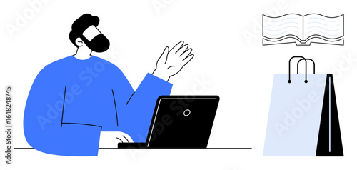 Man gesturing while using a laptop, accompanied by a shopping bag and an open book. Ideal for work, education, e-commerce, online shopping, remote communication, multitasking, flat simple metaphor