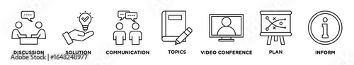 Meeting concept icon illustration contain discussion, solutions, communication, topics, video conference, plan and inform
