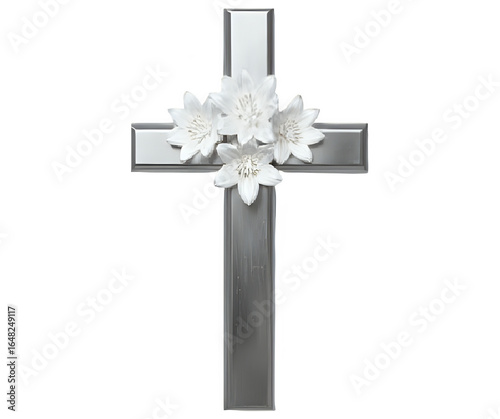 Silver cross decorated with white flowers