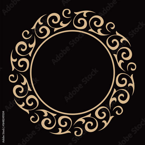 Elegant decorative circular frame features intricate golden swirling patterns on white.