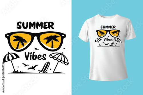 Colorful summer t-shirts on display at a vibrant store during sunny days.