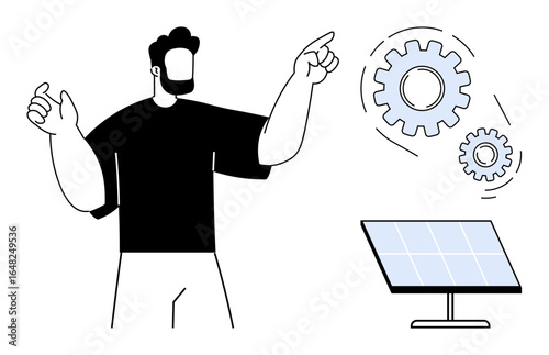 Wallpaper Mural Person gesturing toward gears and solar panel, symbolizing innovation, sustainability, clean energy. Ideal for technology, environment, renewable resources, teamwork, strategy education simple flat Torontodigital.ca
