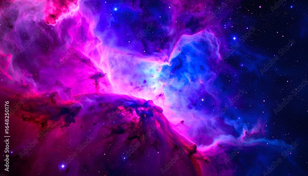 Fototapeta premium Ethereal beauty of a distant galaxy's stellar nursery, a vibrant cosmic nebula glowing with purple and pink light in deep space