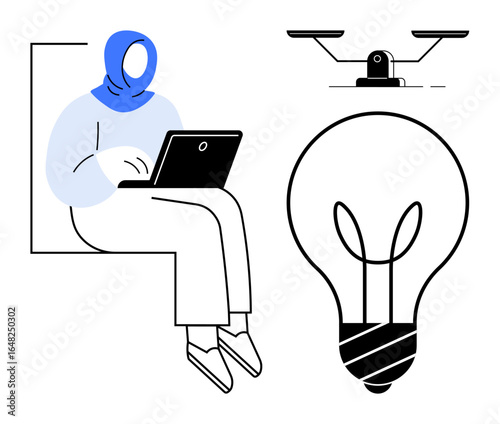Woman with headscarf using laptop, large lightbulb for innovation, balanced scale for equality. Ideal for education, creativity, technology, innovation, legal equality freelancing. Simple flat
