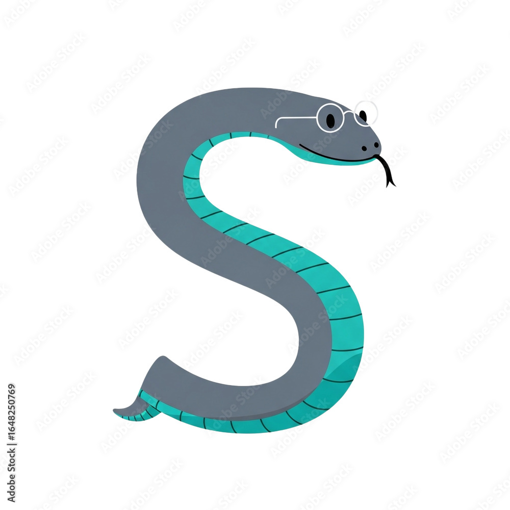 Naklejka premium A friendly serpent shaped like the letter S wears spectacles and extends its tongue in a playful pose against a neutral backdrop.