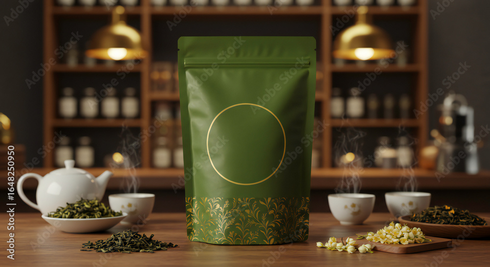 Fototapeta premium Elegant Olive Green Bag – Rustic Tea Shop Interior